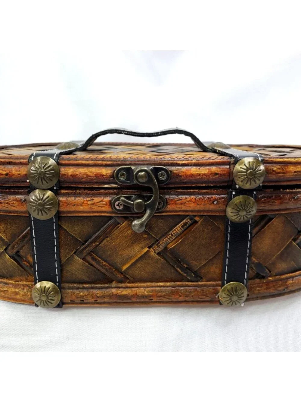 Vintage Wooden Woven Storage Basket With Leather Straps & Metal Accents 10